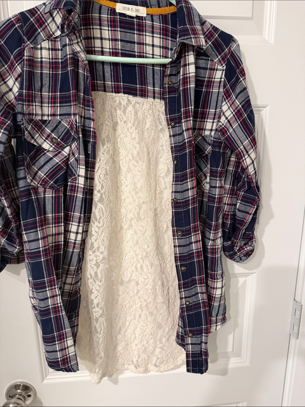 Taylor & Sage Navy, White & Red Plaid Shirt Flannel Lace Back S Small Boho Chic